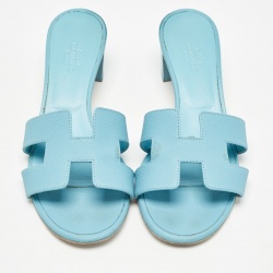 Pre Owned Hermes Blue Leather Oasis Slide Sandals Size 37
