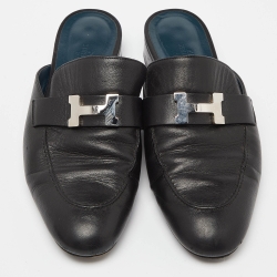 Pre Owned Hermes Black Leather Paradis Flat Mules Size 39