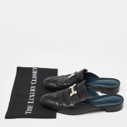 Pre Owned Hermes Black Leather Paradis Flat Mules Size 39