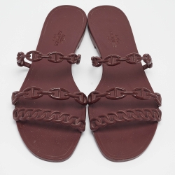 Pre Owned Hermes Burgundy Rubber Chaine d'Ancre Rivage Flat Slides Size 40