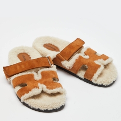 Hermes Brown Suede Shearling Fur Chypre Sandals Size 40