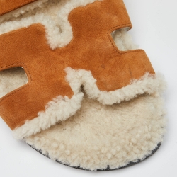 Hermes Brown Suede Shearling Fur Chypre Sandals Size 40