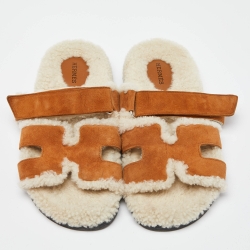 Hermes Brown Suede Shearling Fur Chypre Sandals Size 40