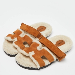 Hermes Brown Suede Shearling Fur Chypre Sandals Size 40