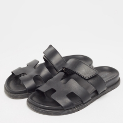 Pre Owned Hermes Black Leather Chypre Sandals Size 37