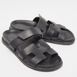 Pre Owned Hermes Black Leather Chypre Sandals Size 37