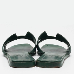 Hermes Green Leather Oran Flat Slides Size 38.5