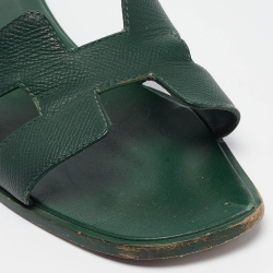 Hermes Green Leather Oran Flat Slides Size 38.5