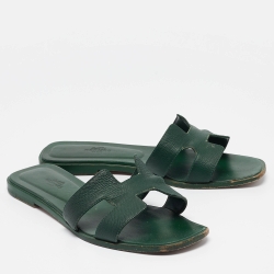 Hermes Green Leather Oran Flat Slides Size 38.5
