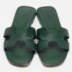 Hermes Green Leather Oran Flat Slides Size 38.5