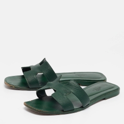 Hermes Green Leather Oran Flat Slides Size 38.5