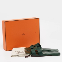 Hermes Green Leather Oran Flat Slides Size 38.5