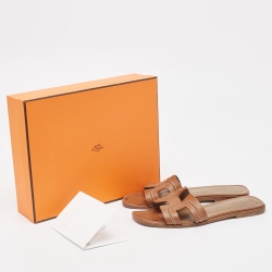 Pre Owned Hermes Brown Leather Pique Oran Flat Slides Size 38