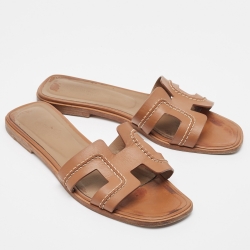 Pre Owned Hermes Brown Leather Pique Oran Flat Slides Size 38