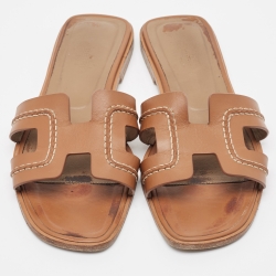 Pre Owned Hermes Brown Leather Pique Oran Flat Slides Size 38