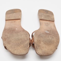 Pre Owned Hermes Brown Leather Pique Oran Flat Slides Size 38