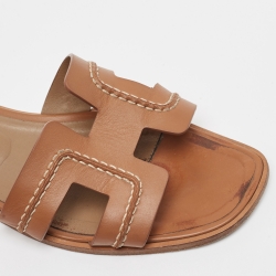 Pre Owned Hermes Brown Leather Pique Oran Flat Slides Size 38