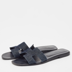 Pre Owned Hermes Navy Blue Denim Oran Flat Slides Size 39.5