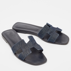 Pre Owned Hermes Navy Blue Denim Oran Flat Slides Size 39.5
