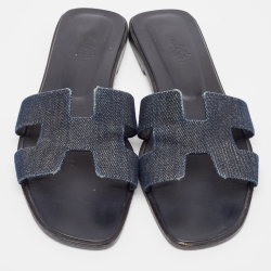 Pre Owned Hermes Navy Blue Denim Oran Flat Slides Size 39.5