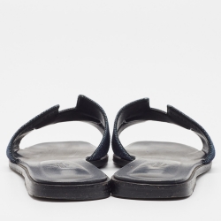 Pre Owned Hermes Navy Blue Denim Oran Flat Slides Size 39.5