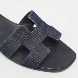 Pre Owned Hermes Navy Blue Denim Oran Flat Slides Size 39.5