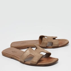 Hermes Metallic Textured Suede Oran Flat Slides Size 37