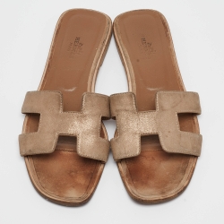 Hermes Metallic Textured Suede Oran Flat Slides Size 37