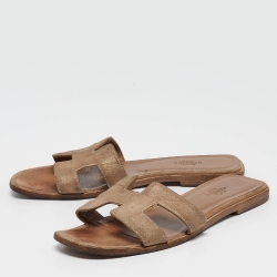 Hermes Metallic Textured Suede Oran Flat Slides Size 37