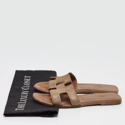 Hermes Metallic Textured Suede Oran Flat Slides Size 37