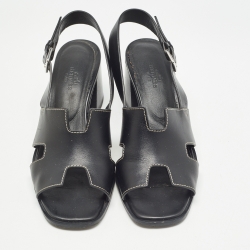 Hermes Black Leather Eris Slingback Sandals Size 38