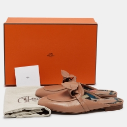 Pre Owned Hermes Beige Leather Oz Flat Mules Size 37
