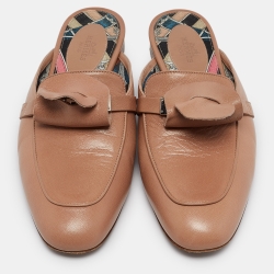 Pre Owned Hermes Beige Leather Oz Flat Mules Size 37