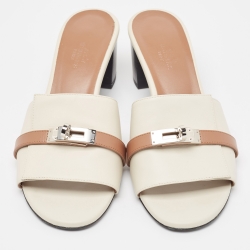 Hermes Cream/Brown Leather Gigi Slide Sandals Size 39
