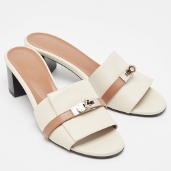 Hermes Cream/Brown Leather Gigi Slide Sandals Size 39