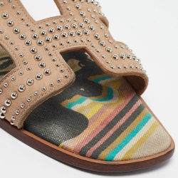 Hermes Beige Studded Suede Oran Flat Slides Size 38