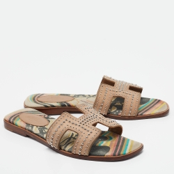 Hermes Beige Studded Suede Oran Flat Slides Size 38