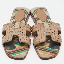 Hermes Beige Studded Suede Oran Flat Slides Size 38