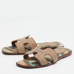 Hermes Beige Studded Suede Oran Flat Slides Size 38