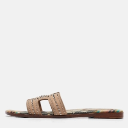 Hermes Beige Studded Suede Oran Flat Slides Size 38