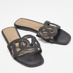 Pre Owned Hermes Black Leather Aloha Flat Sandals  Size 39