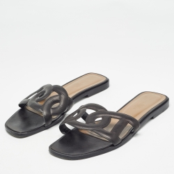 Pre Owned Hermes Black Leather Aloha Flat Sandals  Size 39