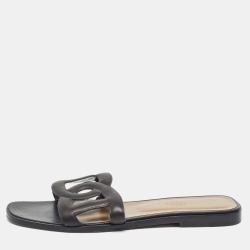Pre Owned Hermes Black Leather Aloha Flat Sandals  Size 39