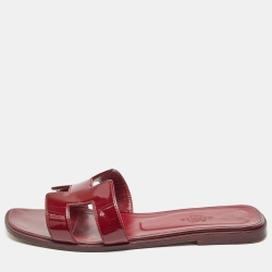 Pre Owned Hermes Burgundy Patent Oran Flat Slides Size 37.5