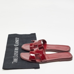 Pre Owned Hermes Burgundy Patent Oran Flat Slides Size 37.5