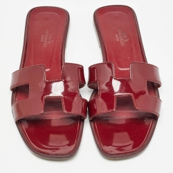 Pre Owned Hermes Burgundy Patent Oran Flat Slides Size 37.5