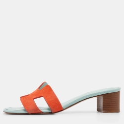 Pre Owned Hermes Orange/Green Suede Oasis  Sandals Size 36