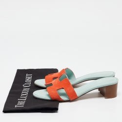 Pre Owned Hermes Orange/Green Suede Oasis  Sandals Size 36
