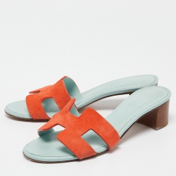 Pre Owned Hermes Orange/Green Suede Oasis  Sandals Size 36