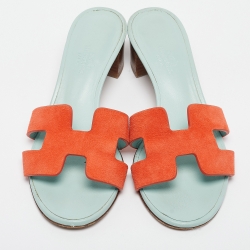 Pre Owned Hermes Orange/Green Suede Oasis  Sandals Size 36